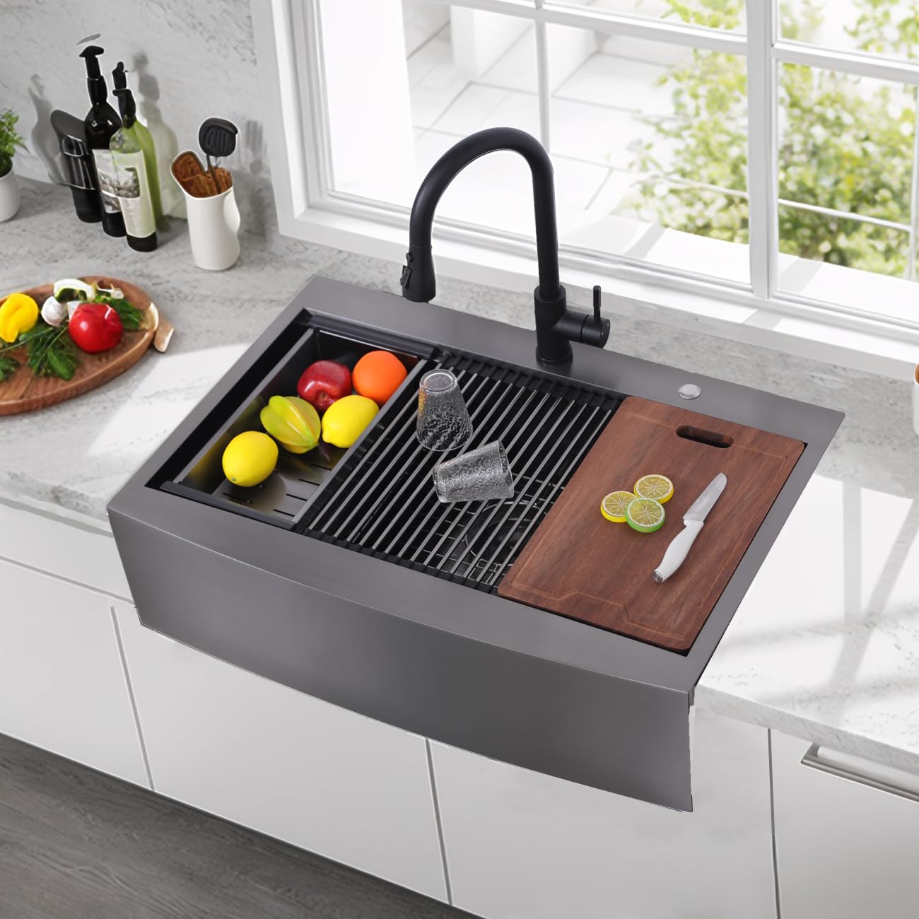 VC CUCINE 33x22 Inch Drop In Gunmetal Black Farmhouse Sink, 16 Gauge Stainless Steel Single Bowl Apron Front Workstation Farm Sink With Accessories