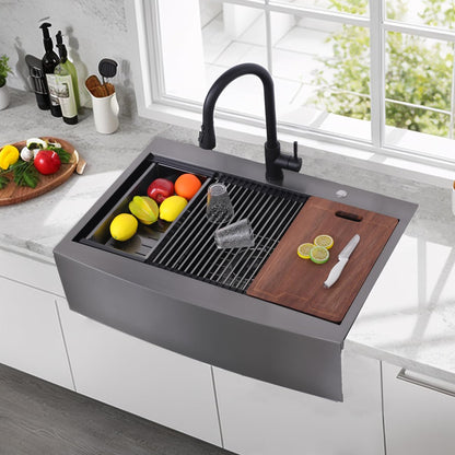 VC CUCINE 33x22 Inch Drop In Gunmetal Black Farmhouse Sink, 16 Gauge Stainless Steel Single Bowl Apron Front Workstation Farm Sink With Accessories