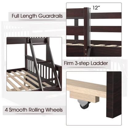 Giantex Twin Over Full Bunk Bed with Trundle, Convertible Platform Bed Frame with Ladder, Solid Wood Frame & Safety Guardrails, Space-Saving Bunk Bed for Teens & Kids, No Box Spring Needed, Espresso