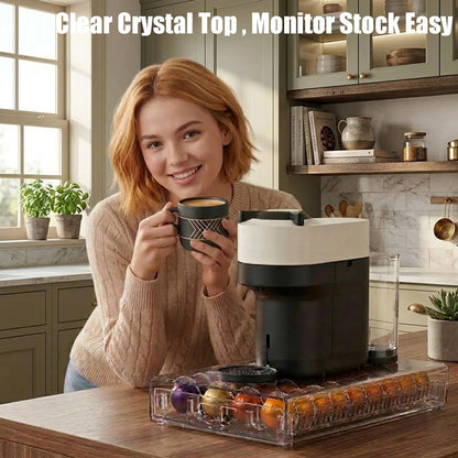 Heavy Duty Crystal Acrylic Coffee Pods Holder Drawer, Compatible for All Nespresso Vertuo Pods, Great Capacity Holds up to 60 Small or 40 Big Vertuoline Pods