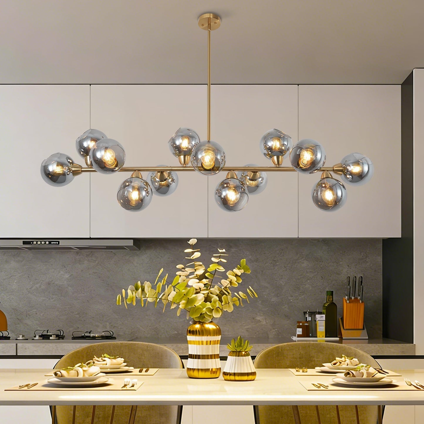 Lzawvm Linear Chandeliers Dining Room Gold Sputnik Chandelier 13-Lights Modern Glass Globe Chandelier 59 Inch 13 Lights Linear Dining Room Light Fixture