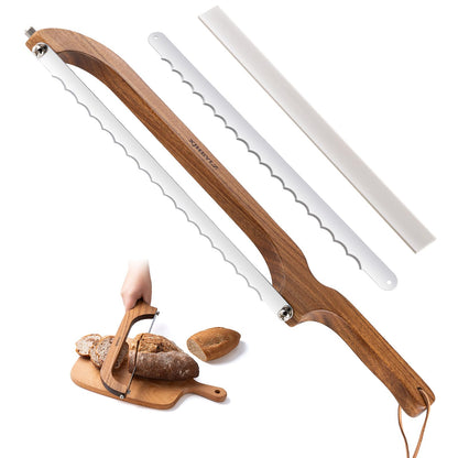 XJHEYLZ Sourdough bread knife,Bread Slicer for Homemade Bread,Adjustable blade tightness for Even Slicing, Serrated knife,Wooden Bread cutter with Bow Design (3, brown)