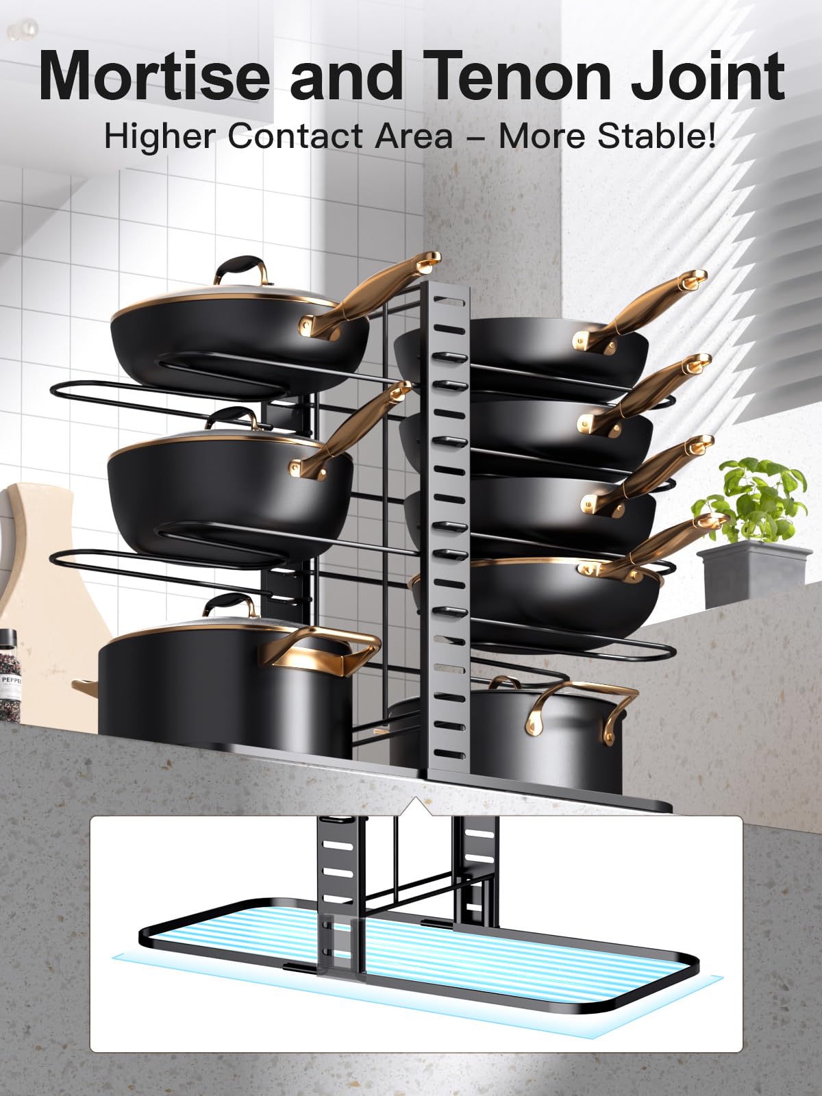 MUDEELA Pots and Pans Organizer Rack under Cabinet 14.55in Height, 8-Tiers Adjustable Pot Rack with 3 DIY Methods, Pot Lid Organizer inside Cabinet for Kitchen Pantry Organization and Storage