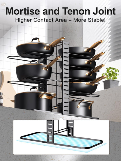MUDEELA Pots and Pans Organizer Rack under Cabinet 14.55in Height, 8-Tiers Adjustable Pot Rack with 3 DIY Methods, Pot Lid Organizer inside Cabinet for Kitchen Pantry Organization and Storage