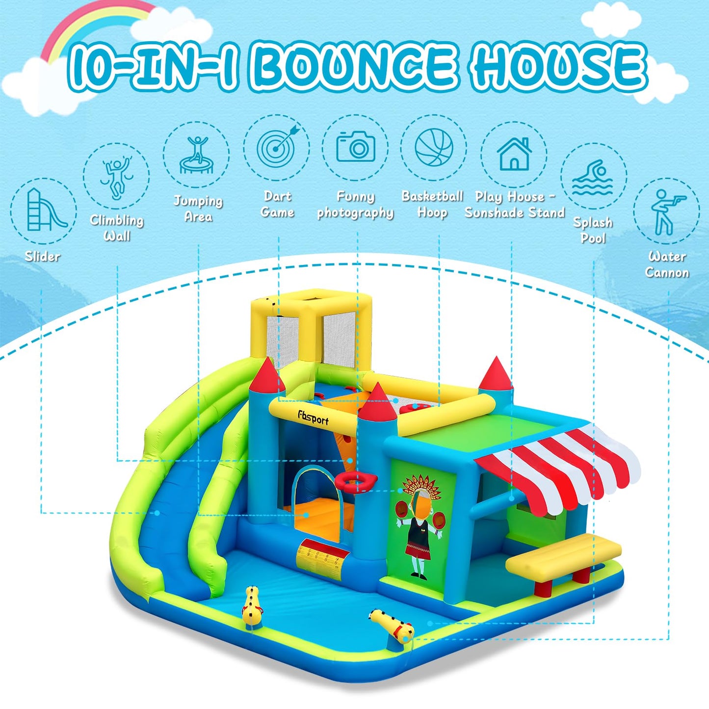 FBSPORT Inflatable Bounce House Water Slide, Bounce House for Kids with Toy Market Stand Splash Pool Bouncer Climbing Wall Water Gun Ball Dart, Bouncy Castle W/620W Blower for Outdoor Indoor, Green