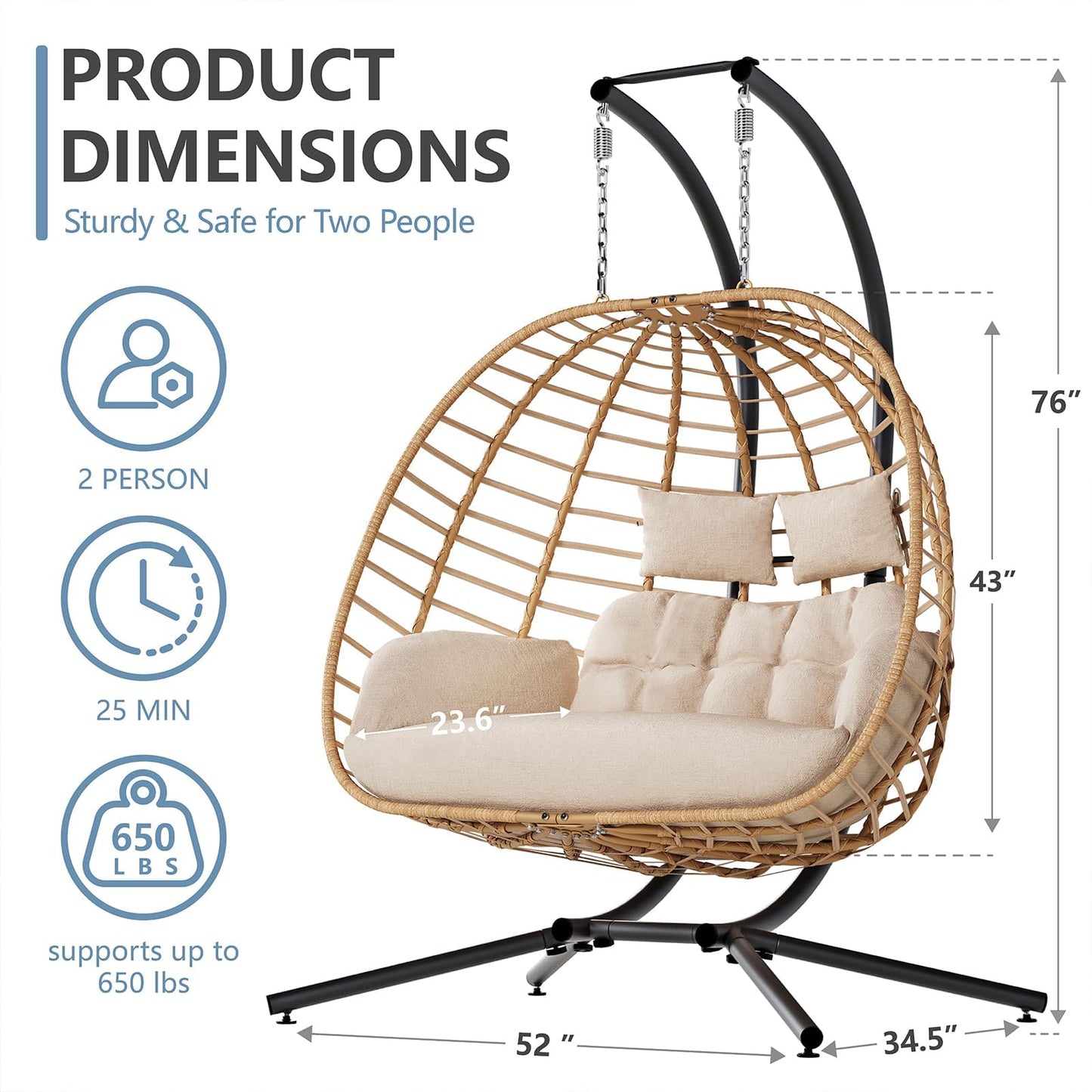 SWITTE Double Hanging Egg Chair with Stand, Outdoor Patio 2 Person Wicker Hammock Swing Chairs with Cushion Loveseat for Indoor Bedroom, Lawn, Garden-Beige