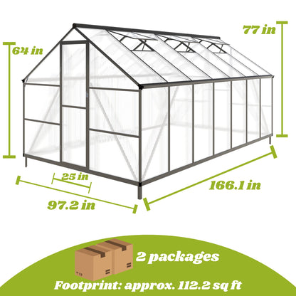 8x14FT Greenhouse for Outdoors, Polycarbonate Greenhouse with Quick Setup Structure and Roof Vent, Aluminum Large Walk-in Green House for Outside Garden Backyard, Dark Gray