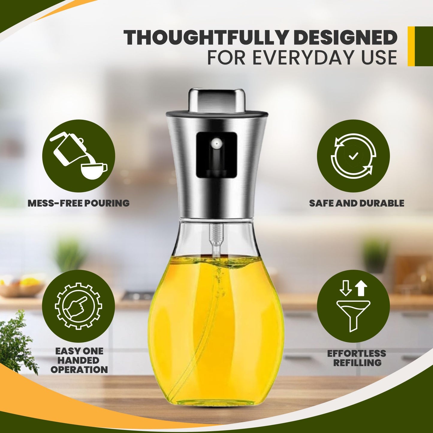 Fourteen Homes Oil Dispenser Bottle - Olive Oil Sprayer - Clear Glass Refillable Oil & Vinegar Dispenser with Measuring Scale Pump for Kitchen, Cooking, Salads, Baking, Frying -200 ml