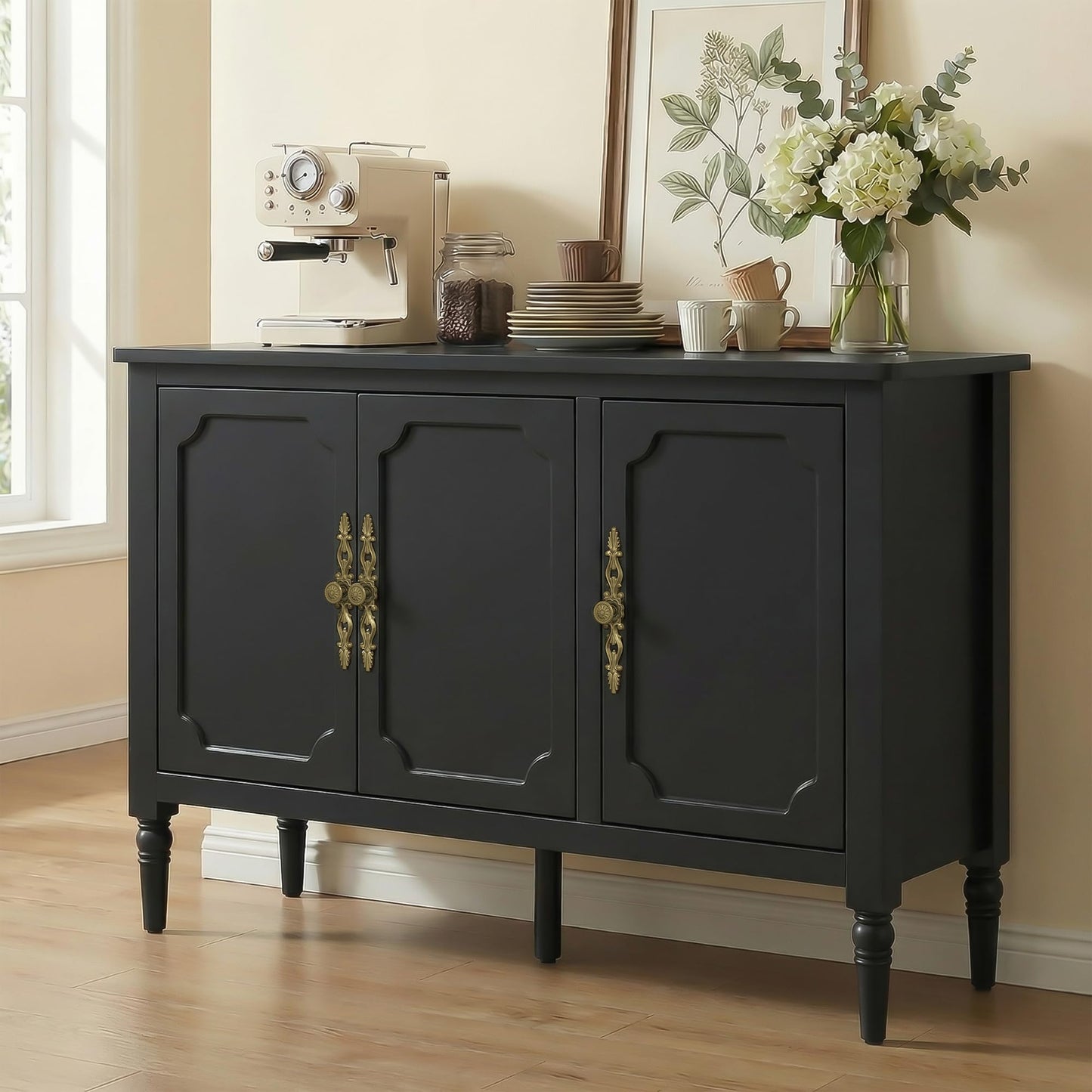 RoyalCraft Buffet Cabinet with 3 Doors, Mid-Century Modern Sideboard with Storage, Painted Wood Coffee Bar Table with Adjustable Shelves, Credenza Cabinets for Kitchen, Living Room, Dining Room, Black
