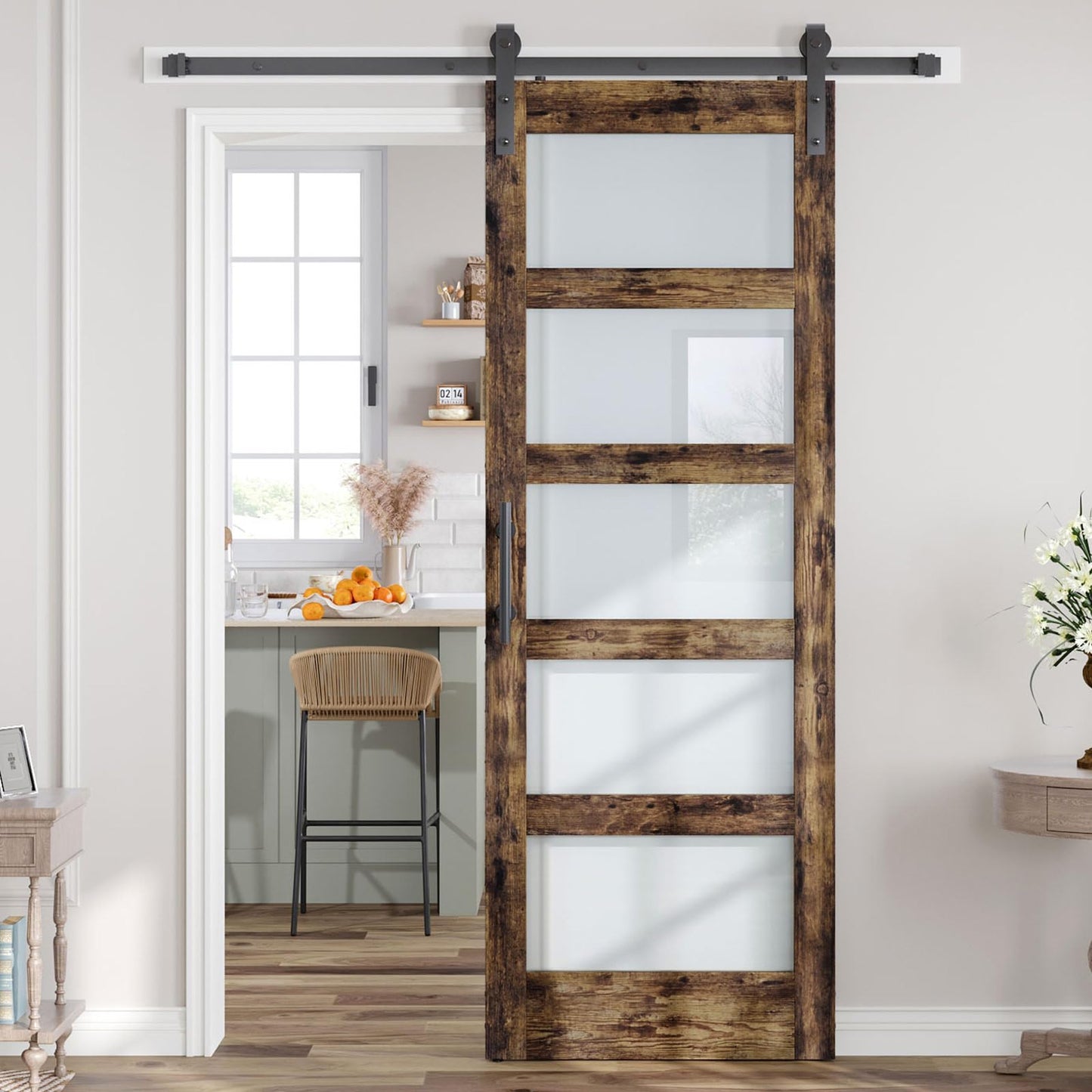 ROYMELO 32x84 Inch Glass Sliding Barn Door Slab and 5.5ft Hardware Kit Included, 5 Frosted Glass, LVL Wood Panel Covered with Brown Water-Proof Scratch-Proof PVC Surface, Simple DIY Assembly