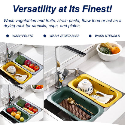 YUNKWONG Extendable Sink Colander Strainer Basket - Wash Vegetables and Fruits, Drain Cooked Pasta and Dry Dishes - Adjustable Over the Sink Colander Collapsible Drainer Basket -Gray