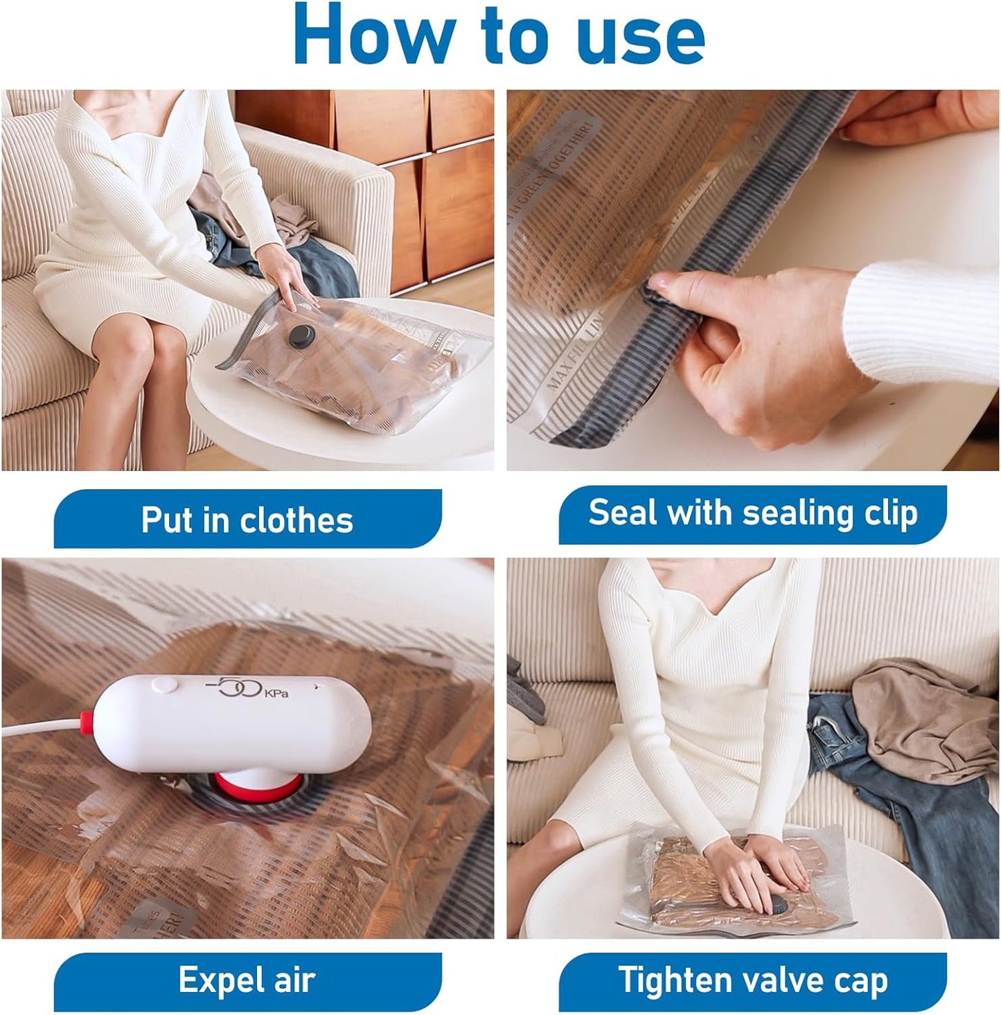 Vacbird Vacuum Storage Bags - 15 Pack Travel Size with USB Pump | Space-Saving Solution for Clothes