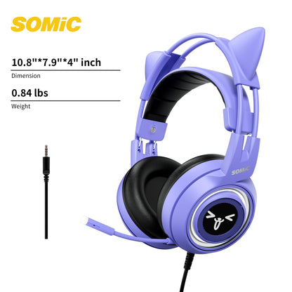 SOMIC G951S Purple Stereo Gaming Headset with Mic for PS4, PS5, Xbox One, PC, Phone, Detachable Cat Ear 3.5MM Noise Reduction Headphones Computer Gaming Headphone Self-Adjusting Gamer Headsets