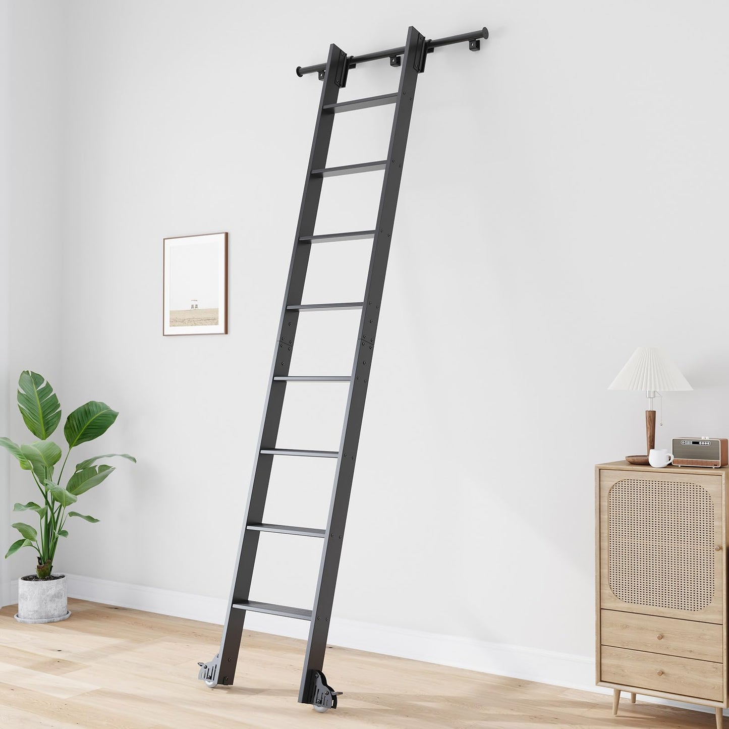 Fredbeck 9FT Rolling Library Aluminium Step Ladder 108" with 4FT Sliding Hardware Track Kit Bottom Wheel Included,for Kitchen,Loft,Warehouses,Bookstore,Atti,Dressing Room,Metal Black