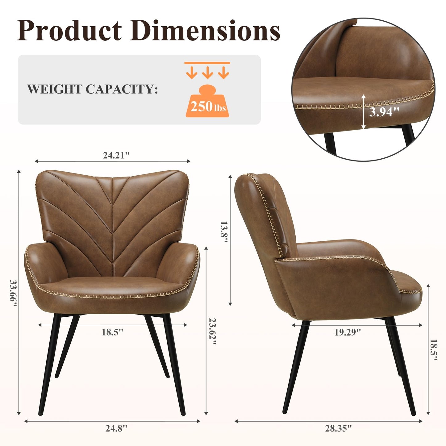MALOL Mid-Century Modern Faux Leather Accent Chair for Living Room, Upholstered Armchair with Curved Back, High-Density Cushion & Metal Legs, Lounge Chair for Bedroom/Reading Corner,Set of 2