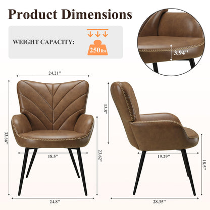 MALOL Mid-Century Modern Faux Leather Accent Chair for Living Room, Upholstered Armchair with Curved Back, High-Density Cushion & Metal Legs, Lounge Chair for Bedroom/Reading Corner,Set of 2