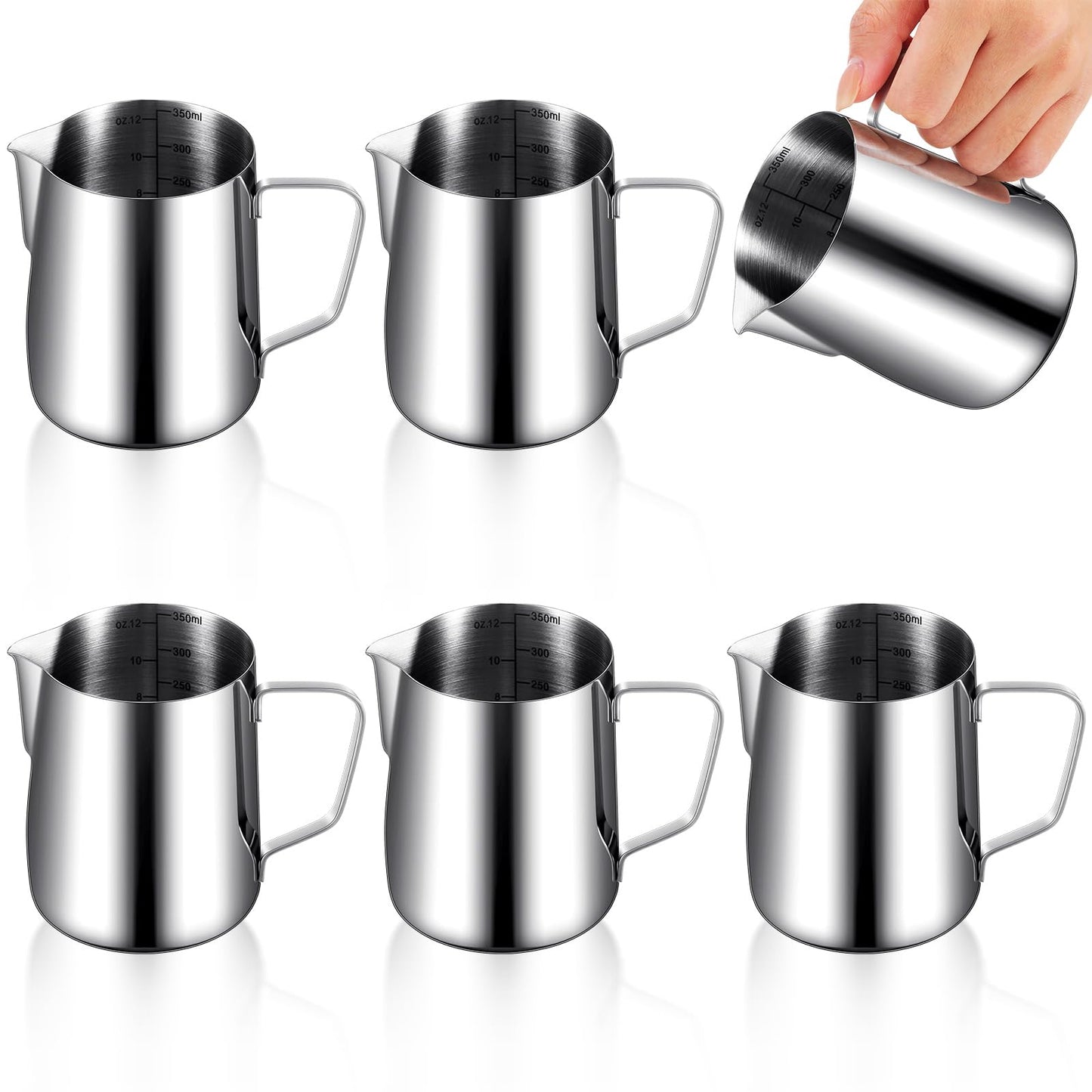 Dandat 6 Pcs Milk Frothing Pitcher Espresso Steaming Pitchers 12 Oz Stainless Steel Milk Steamer Cup Frother Jug for Espresso, Latte Art, Chai Cappuccino Hot Chocolate