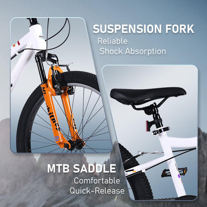 vollsch 24 Inch Kids Mountain Bike for 9-15 Years Old Boys Girls Teens 6-Speed Child MTB Bicycle with Front Suspension Fork, White with Orange Fork