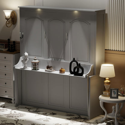 Ball & Cast Queen Size Murphy Bed with Desk,Hideaway Beds w/LED Lights and USB Charging Station,Wood Wall Cabinets Bedframe,Slat Support,Dual Piston Metal Folding Mechanism Designed,Gray