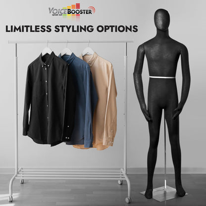 Full Body Male Mannequin by Voicebooster Speak Out - Flexible, Bendable, Poseable Standing Mannequin with Adjustable Arms - Soft Foam Dress Form for Costumes, Clothing Display, Sewing - Black