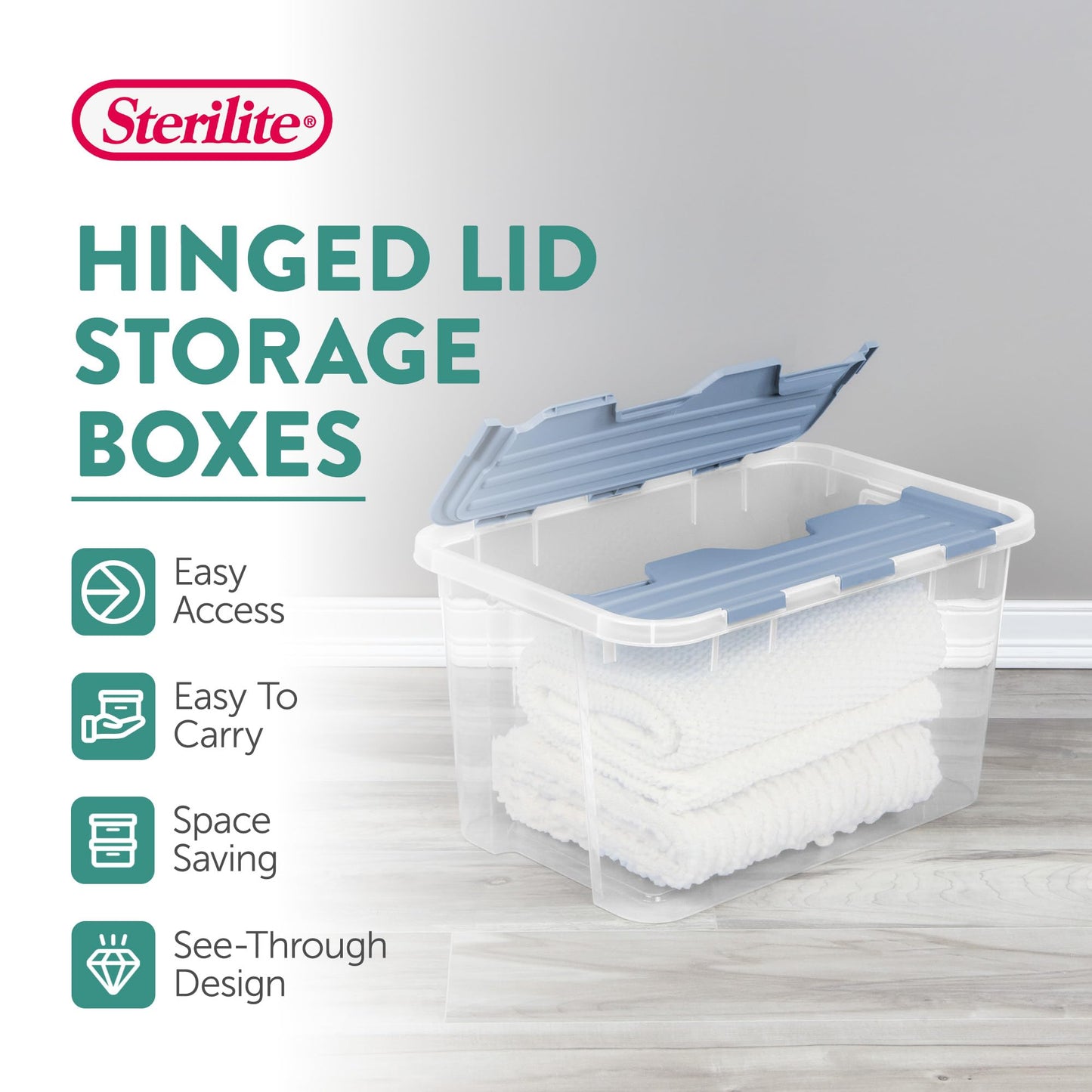 Sterilite 24 Pack Hinged Lid Storage Box, 60 Qt Plastic Container, Washed Blue - Home Organizer Tote for Storing Shoes, Crafts, Clothing, or Decor