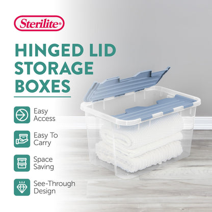 Sterilite 24 Pack Hinged Lid Storage Box, 60 Qt Plastic Container, Washed Blue - Home Organizer Tote for Storing Shoes, Crafts, Clothing, or Decor