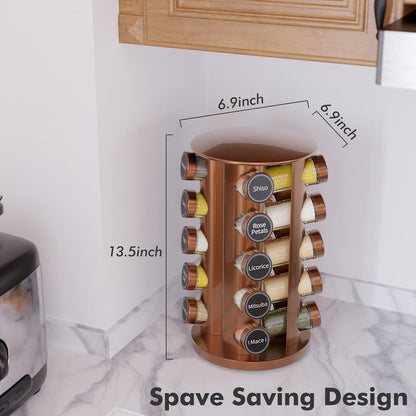 New England Stories Revolving Spice Rack Set with 20 Spice Jars, Kitchen Spice Tower Organizer for Countertop or Cabinet - Carousel Storage Includes 386 Spice Labels (Gold)