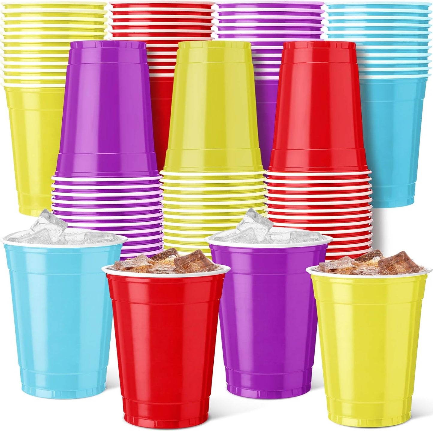 Reallnaive 100 Pcs 12 oz Rainbow Color Disposable Plastic Party Cups - Durable & Lightweight for Events