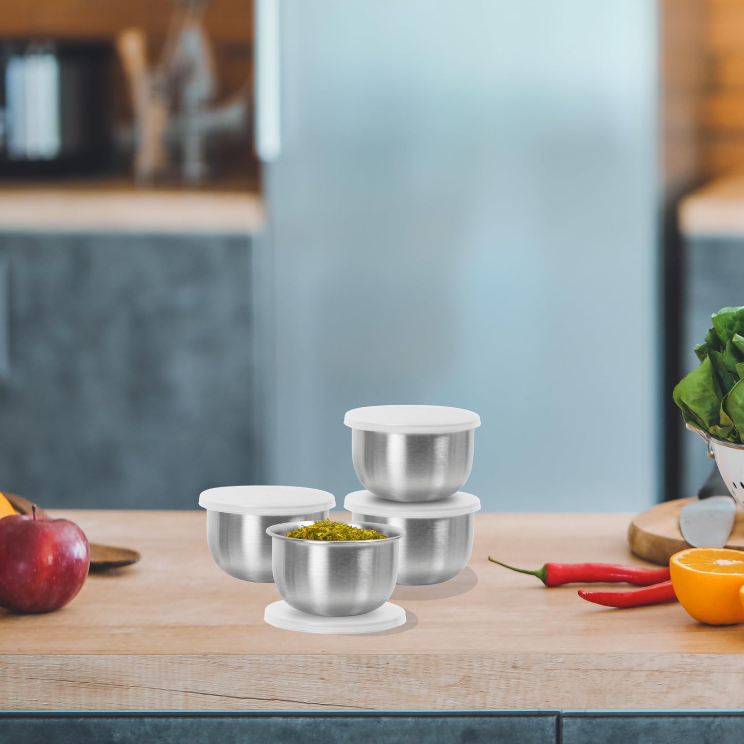 OGGI Set of 4 Stainless Pinch Bowls - 4 fl oz with Lids, Ideal Salt & Pepper Bowls, Mini Storage Bowls, White Lid