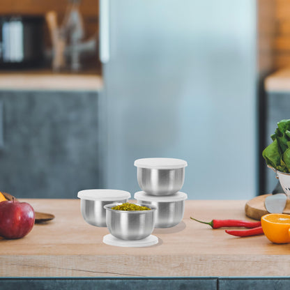 OGGI Set of 4 Stainless Pinch Bowls - 4 fl oz with Lids, Ideal Salt & Pepper Bowls, Mini Storage Bowls, White Lid