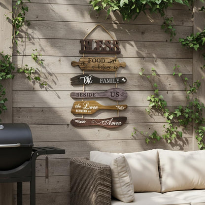 Benlarky Kitchen Wall Decor Set, Bless the Food Before Us Quotes Farmhouse Wooden Roped Hanging Signs, Rustic 6pcs Wall Art for Dining Room, Large Wood Plaque Decor for Home Kitchen Housewarming Gifts