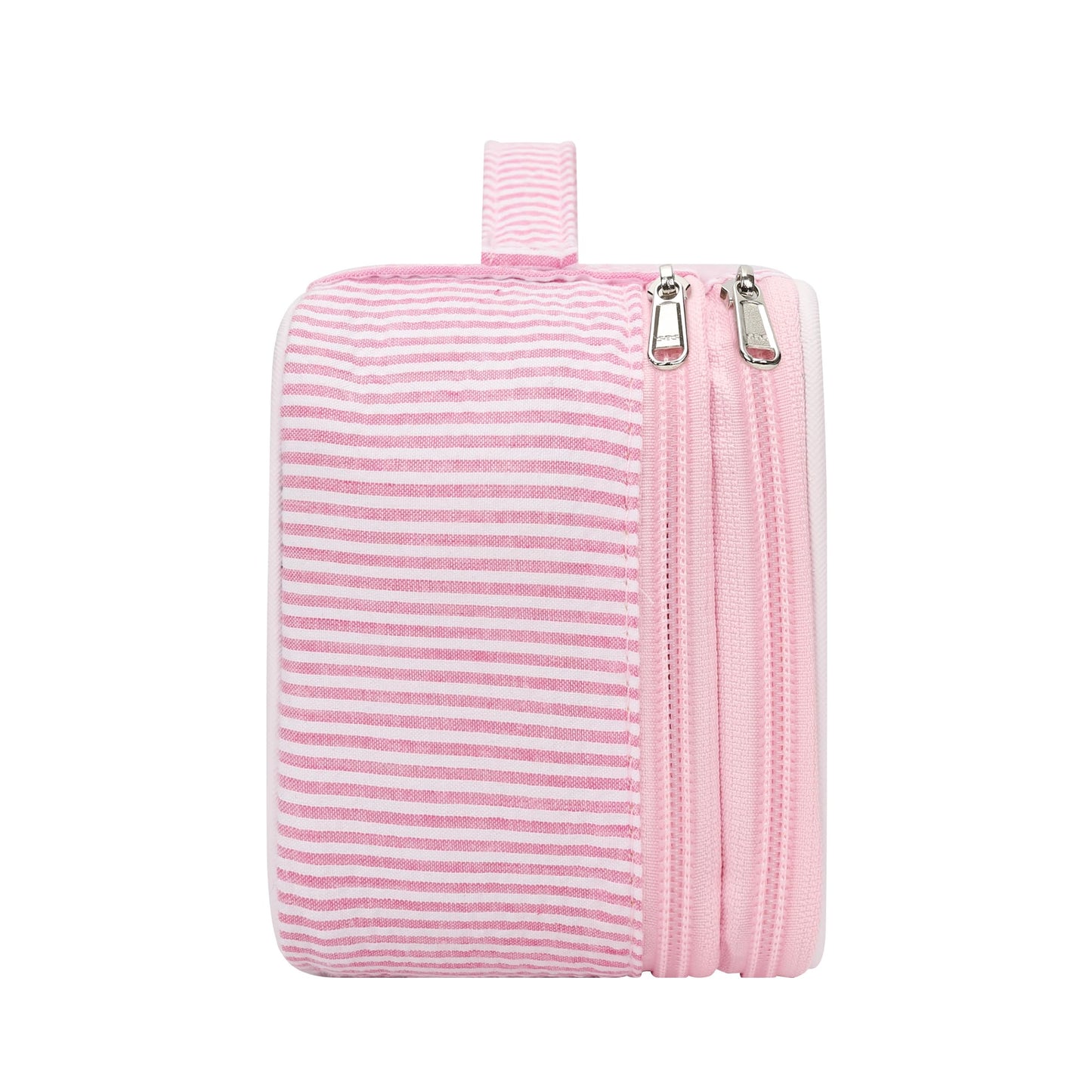 Relavel Cute Makeup Bag for Girls, Portable Pink Cosmetic Bag, Dual-layer Makeup Pouch with Brush Holder, Multi-Functional Preppy Toiletry Organizer for Travel, Daily Use - Pink Strip
