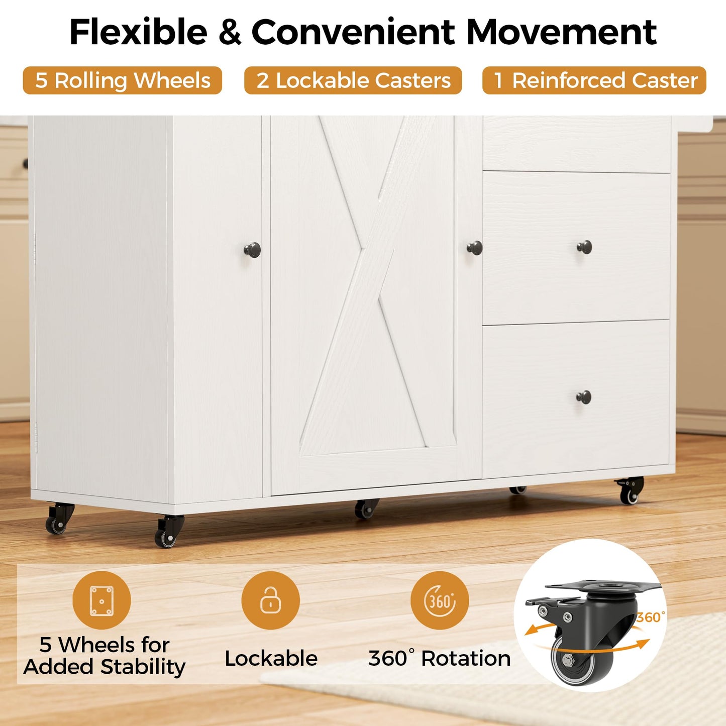 IRONCK Kitchen Island with Storage, 47.2in Rolling Island on Wheels, Kitchen Cart with Drop Leaf, 3 Spacious Drawers, Storage Cabinets and Towel Rack for Home, Dining Room