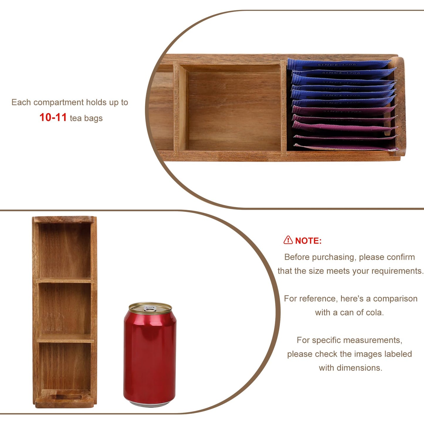 HTB Small Wooden Tea Bag Box 2PCS, 3 Compartments Acacia Wood Tea Bag Chest with Handle, Mini Countertop Divided Storage Container for Beverage Supplies, Sugar, Sweeteners, Individual Packets