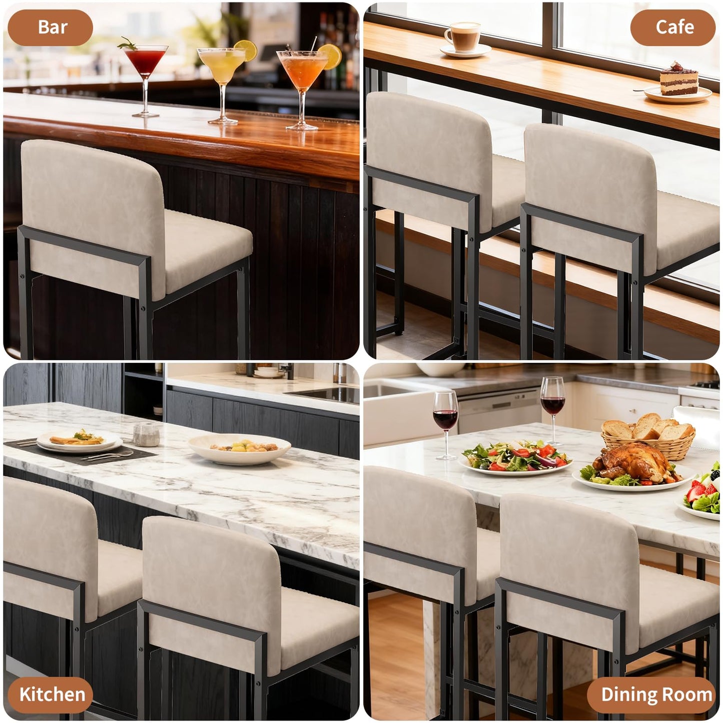 GarveeHome Bar Stools Set of 4, Modern Counter Height Bar Stools with Back and Footrest, Faux Leather Upholstered Barstools Chairs for Kitchen Island Dining Room Bar, Beige
