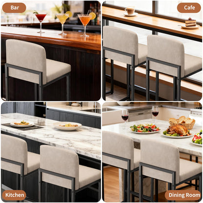GarveeHome Bar Stools Set of 4, Modern Counter Height Bar Stools with Back and Footrest, Faux Leather Upholstered Barstools Chairs for Kitchen Island Dining Room Bar, Beige