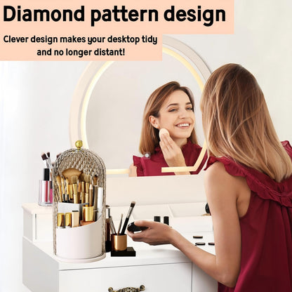 RONGZHIERK Makeup Brush Holder with Lid,Makeup Brush Storage Box with Diamond Pattern,360 Rotating Waterproof and Dustproof Beauty Brushes Storage for Vanity Bathroom,White