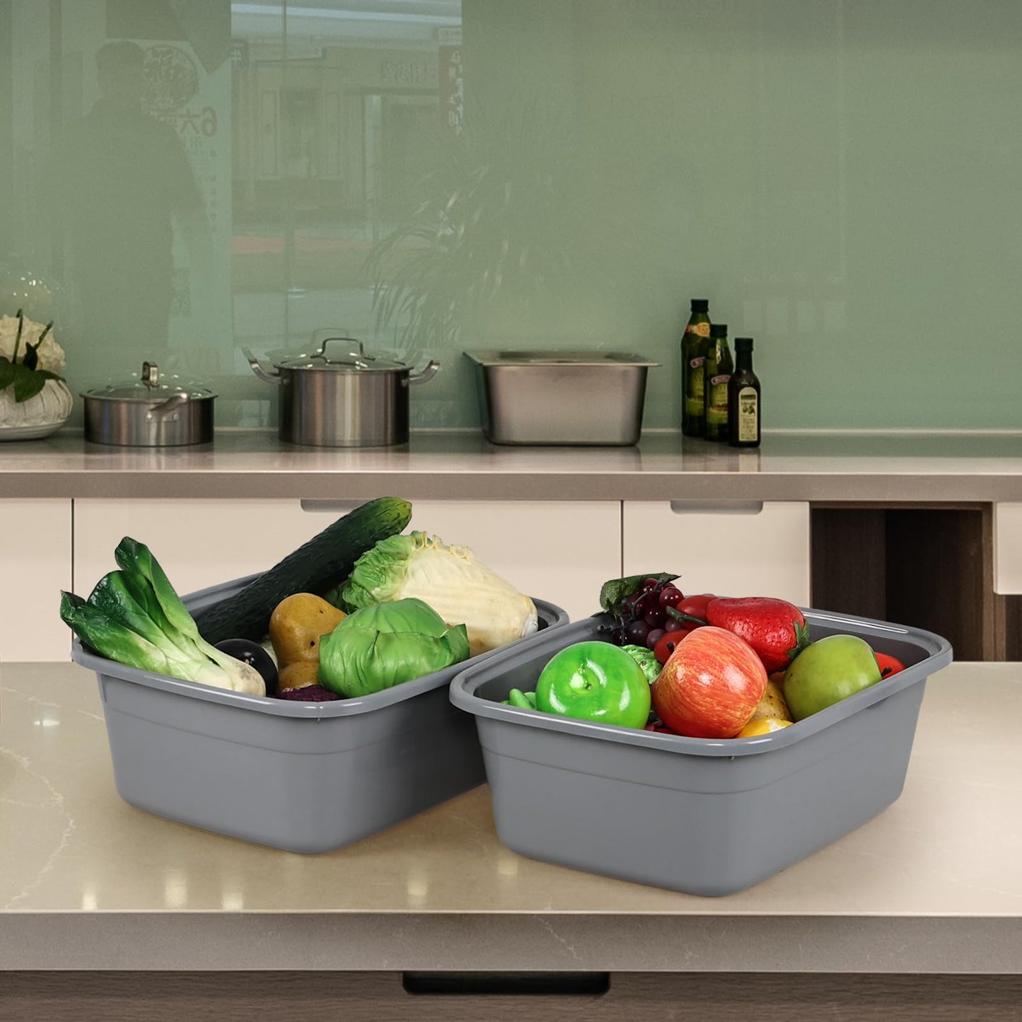 Ortodayes 4 Pack 12 Quart Rectangular Dish Pan, Kitchen Washing Up Bowls, Grey