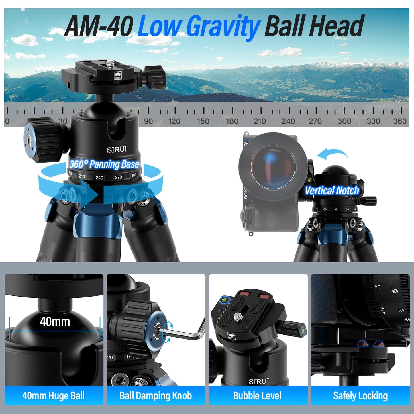 SIRUI AM-324 Professional Camera Tripod with AM-40 Low Gravity Ball Head, 60.4” Carbon Fiber Heavy Duty Tripod for Mirrorless Camera, DSLR, 4 Sections, 32mm Max Tube, Max Load 39.8lb/18kg