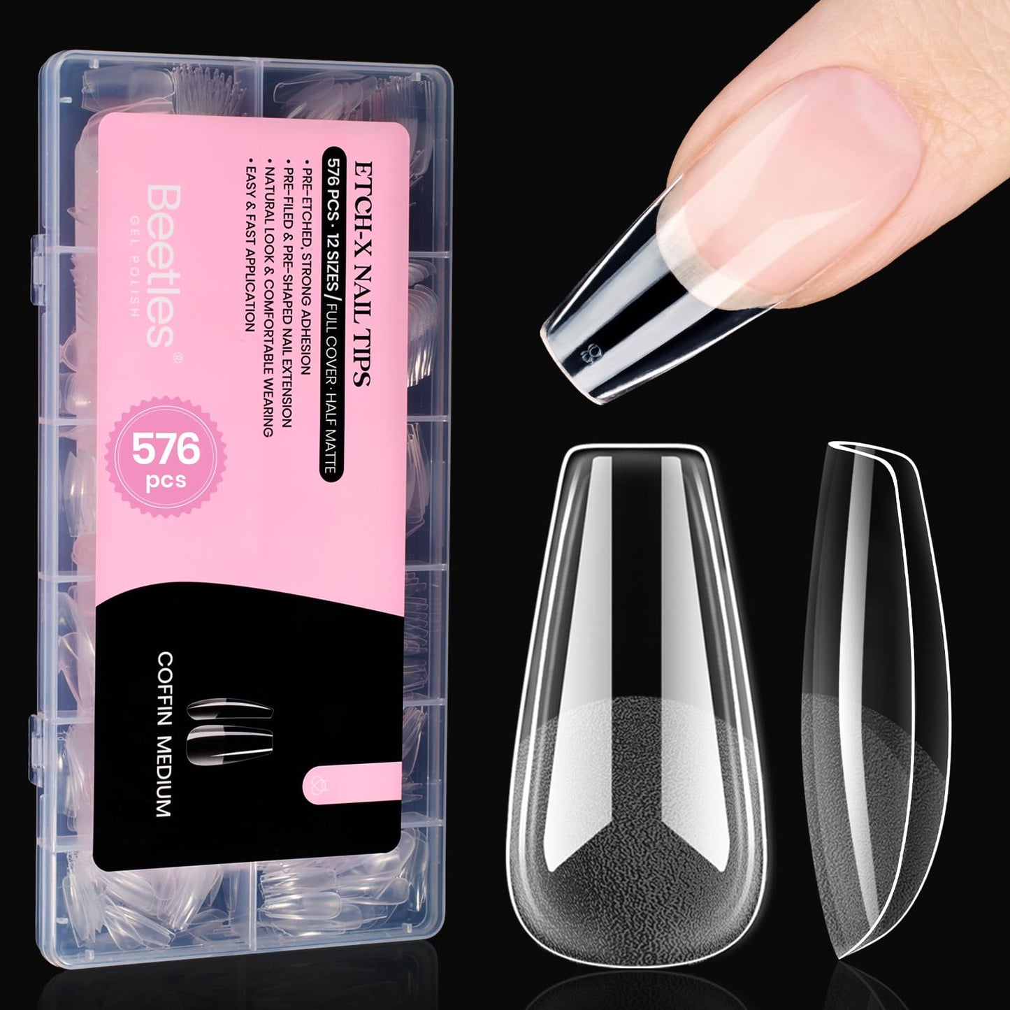Beetles Gel Nail Kit Short Almond with Nail Dehydrator and Primer, 576Pcs Half Matte Etch-X Gel Nail Tips Solid Nail Glue Mini Nail Lamp Acrylic Nail Tips Easy DIY Nail Extension Set Gift for Women