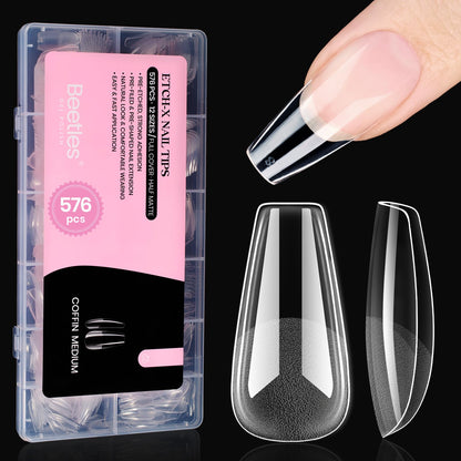 Beetles Gel Nail Kit Short Almond with Nail Dehydrator and Primer, 576Pcs Half Matte Etch-X Gel Nail Tips Solid Nail Glue Mini Nail Lamp Acrylic Nail Tips Easy DIY Nail Extension Set Gift for Women