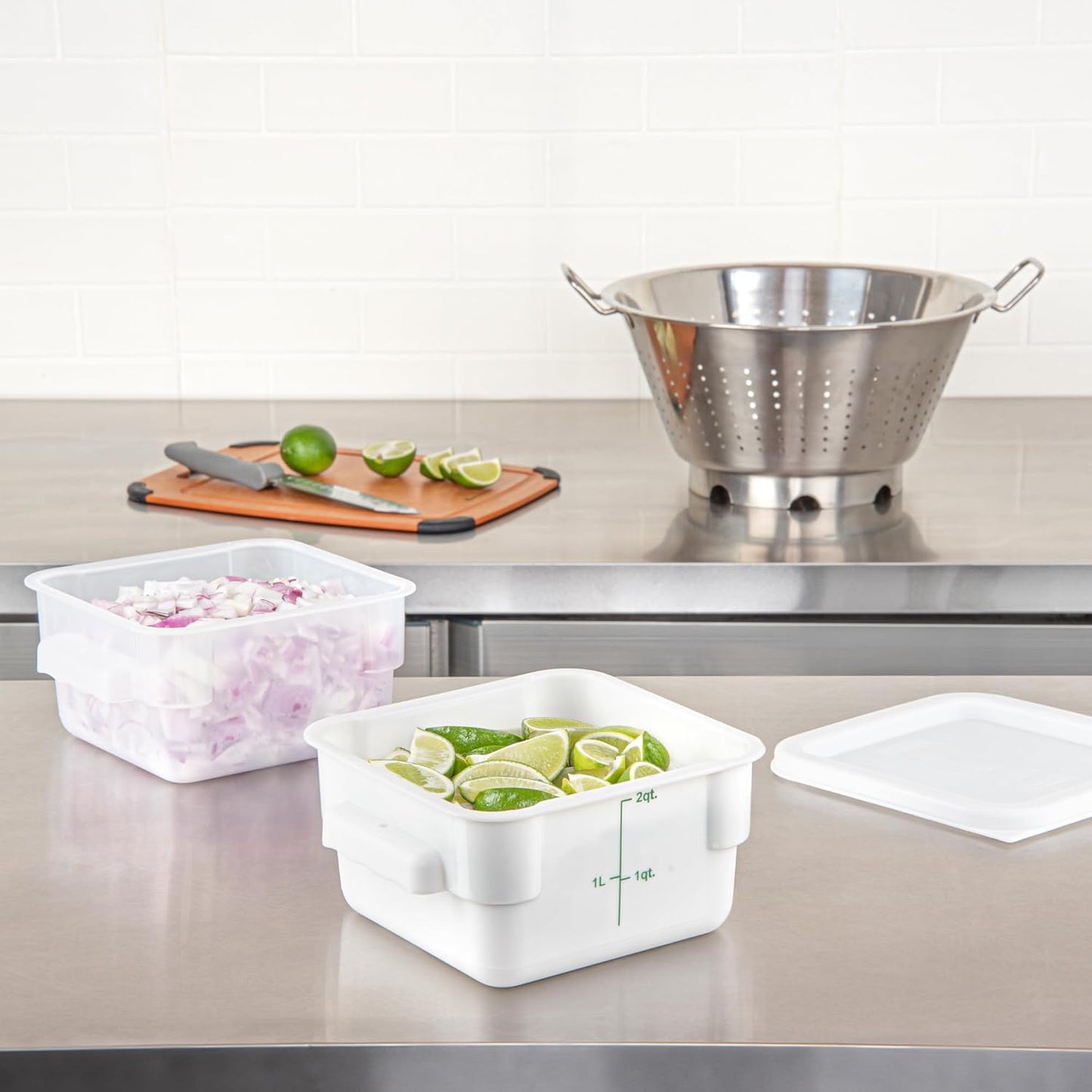 Restaurantware Met Lux 2 qt Square White Plastic Food Storage Container with Green Volume Markers, 10 Count Box