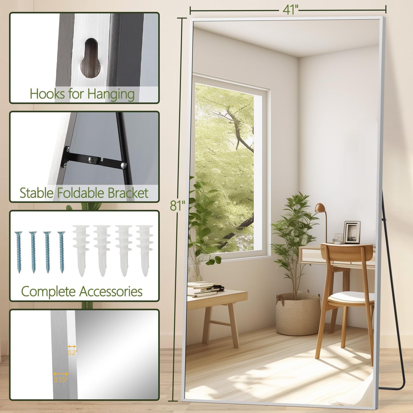 MELOMOIR 81"x41" Oversized Floor Mirror, Free Standing Leaning or Hanging, Suitable for Bedroom Living Room Home Gym Cloakroom, Thin Aluminum Frame, Tempered Glass, Silver