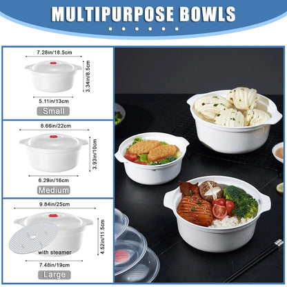 POYIPI 3 Piece Microwave Bowls with Lids Microwave Safe Bowls Microwavable Dishes for Heating Food, Dorm Kitchen Essentials, Cookware Kitchen Supplies, BPA Free