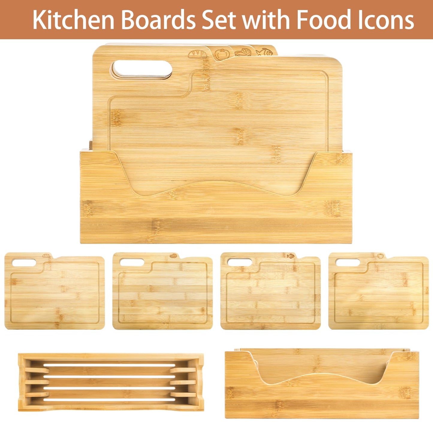 ZENFUN 4 Pack 12.5"L x 9.8"W Bamboo Cutting Boards with Holder, Wood Cutting Board Set, Chopping Boards Set with Food Icons, Kitchen Cutting Board Ideal for Meat, Fish, Bread, Vegetable, Fruit