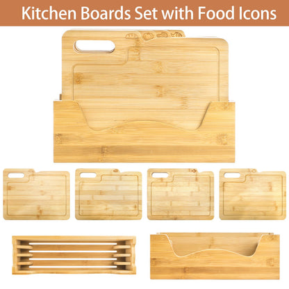 ZENFUN 4 Pack 12.5"L x 9.8"W Bamboo Cutting Boards with Holder, Wood Cutting Board Set, Chopping Boards Set with Food Icons, Kitchen Cutting Board Ideal for Meat, Fish, Bread, Vegetable, Fruit