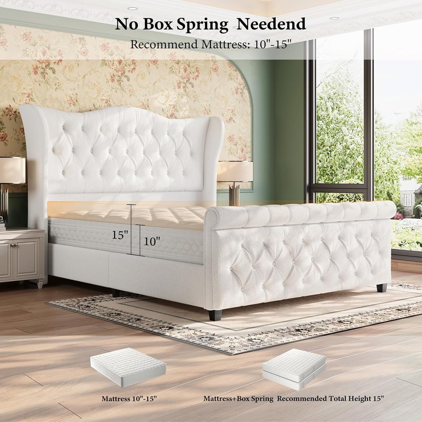 koorlian King Size Bed Frame,Chenille Upholstered Sleigh Bed with Scroll Wingback Headboard & Footboard,Luxury & Soft Button Tufted Modern Bed,Easy Assembly,No Box Spring Needed