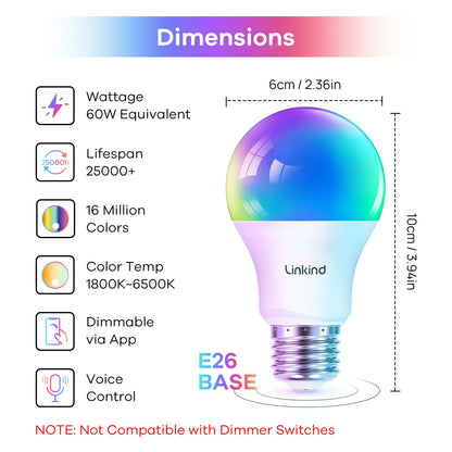Linkind E26 Smart Edison Bulbs, 2700K-6500K Tunable WiFi Edison Bulbs with Remote Control, 8W 60W Equivalent Dimmable ST19 (ST58) Vintage Light Bulbs 800lm, Compatible with Alexa & Google Home, 4-Pack