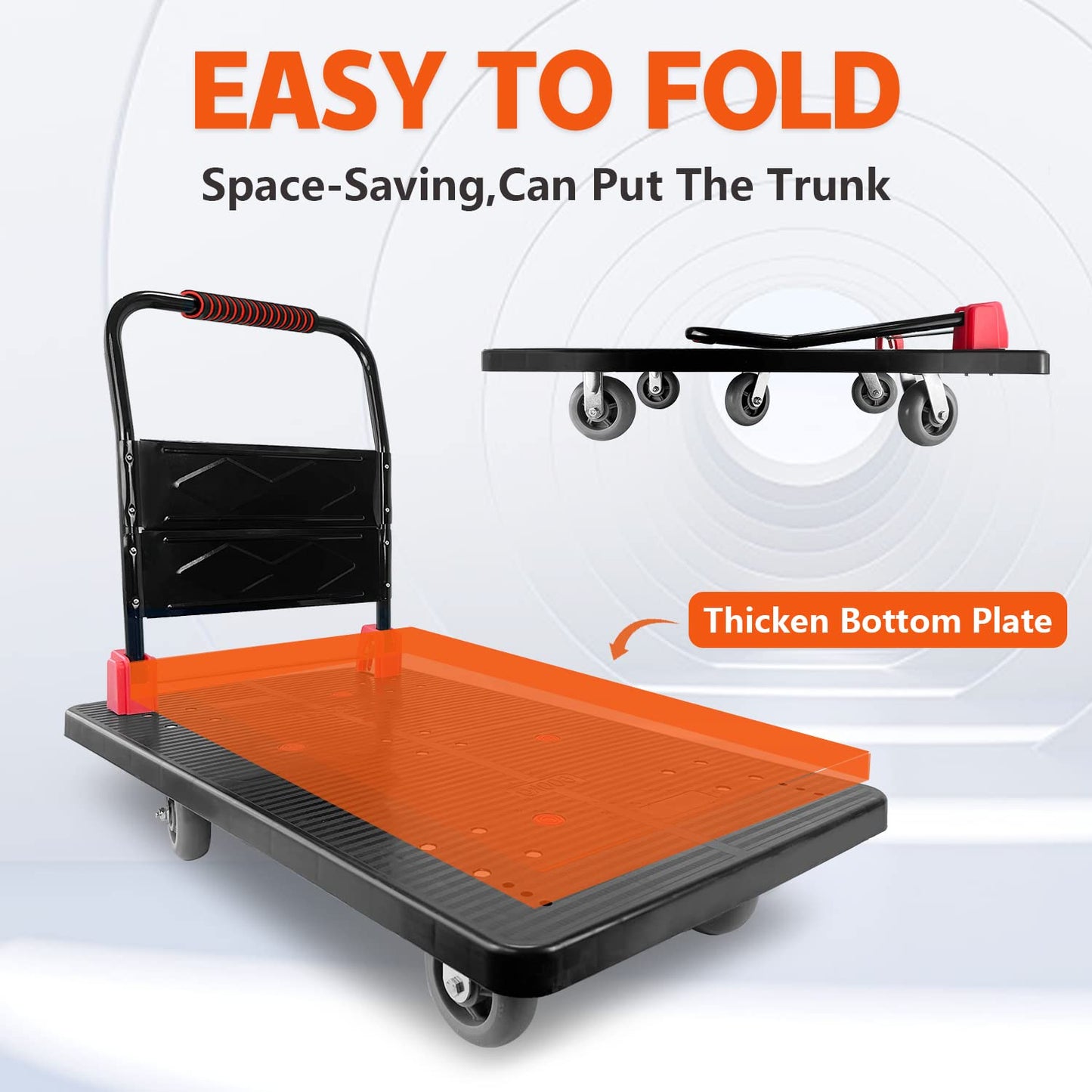 Platform Truck, Foldable Push Cart Dolly w/Five 360 Swivel 6'' Wheels, 1600LBS Capacity Heavy Duty Moving Platform Trucks Hand Cart for Groceries, Garage, Warehouse (43" L x25" W)