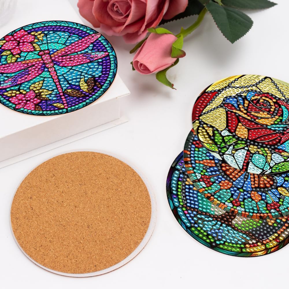 8 Pcs Diamond Art Painting Coasters with Holder, DIY Colorful Glass Stain Diamond Art Painting Kits for Beginners, Diamond Craft Supplies for Adults Kids Coasters Gift